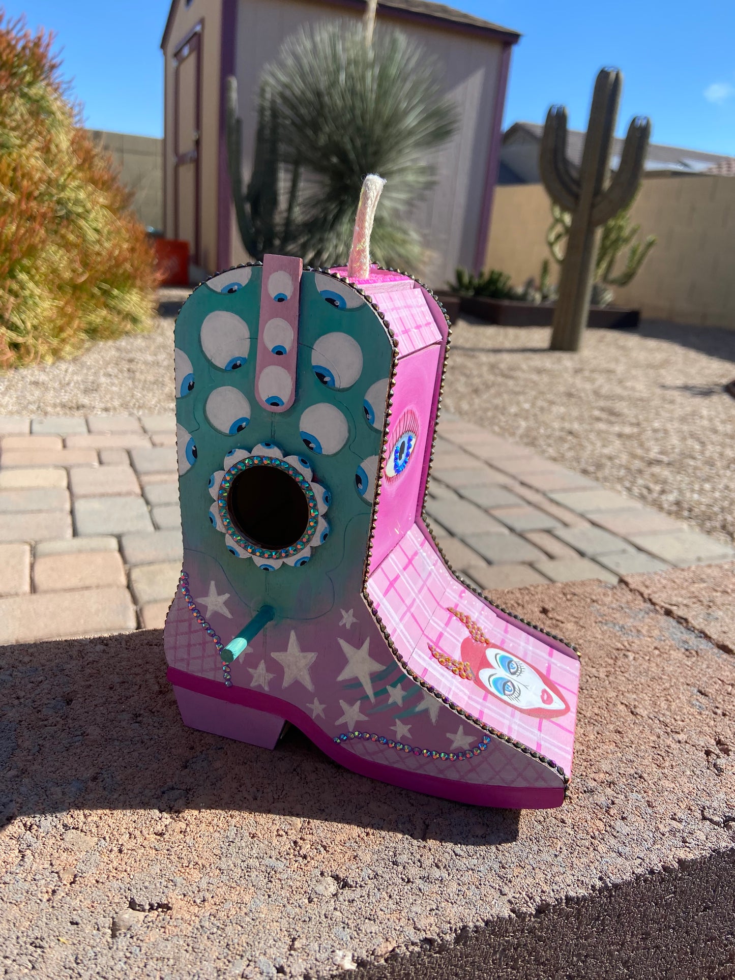 Pink Pony Club Cowgirl Boot Birdhouse — One-of-a-Kind Hand-Painted Art