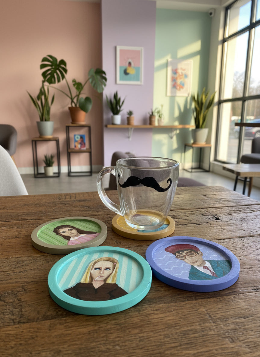 Wes Anderson Art Coasters Set of 4 | Hand-Painted Pop Culture Decor