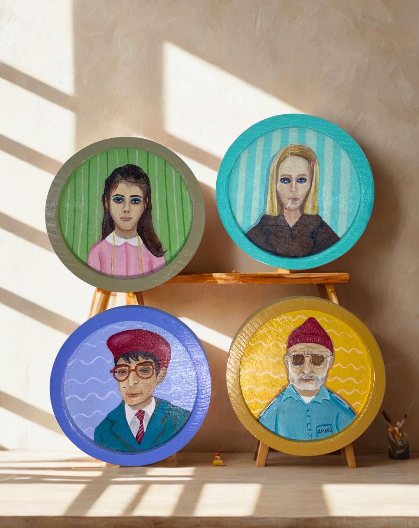 Wes Anderson Art Coasters Set of 4 | Hand-Painted Pop Culture Decor
