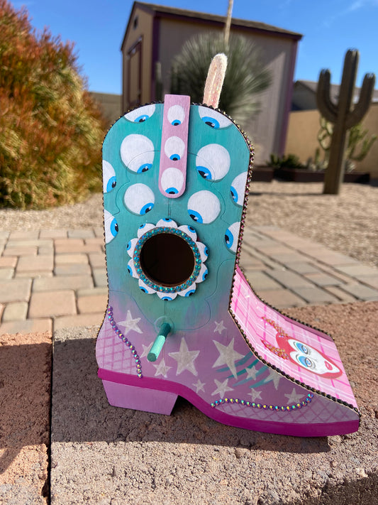 Pink Pony Club Cowgirl Boot Birdhouse — One-of-a-Kind Hand-Painted Art
