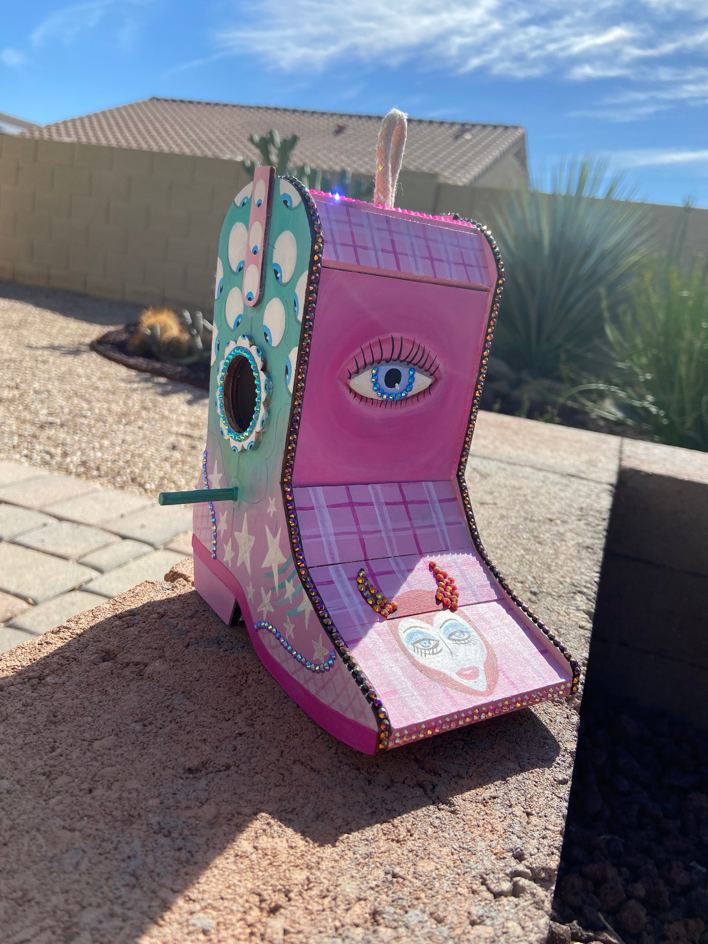 Pink Pony Club Cowgirl Boot Birdhouse — One-of-a-Kind Hand-Painted Art
