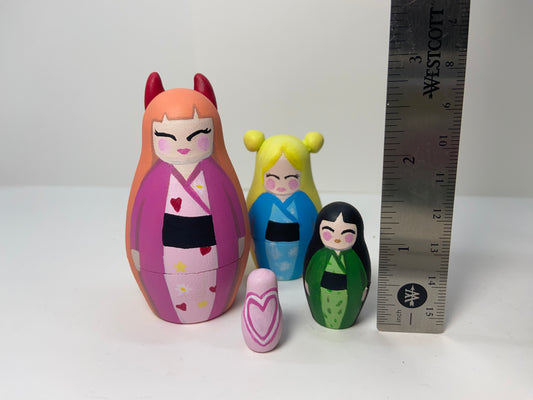 Kawaii Powerpuff-Inspired Nesting Doll Set — Sugar, Spice & Everything Nice Kimono Collection (1 of 1)