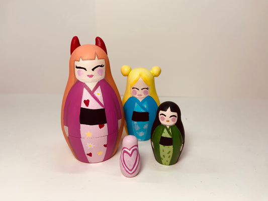 Kawaii Powerpuff-Inspired Nesting Doll Set — Sugar, Spice & Everything Nice Kimono Collection (1 of 1)