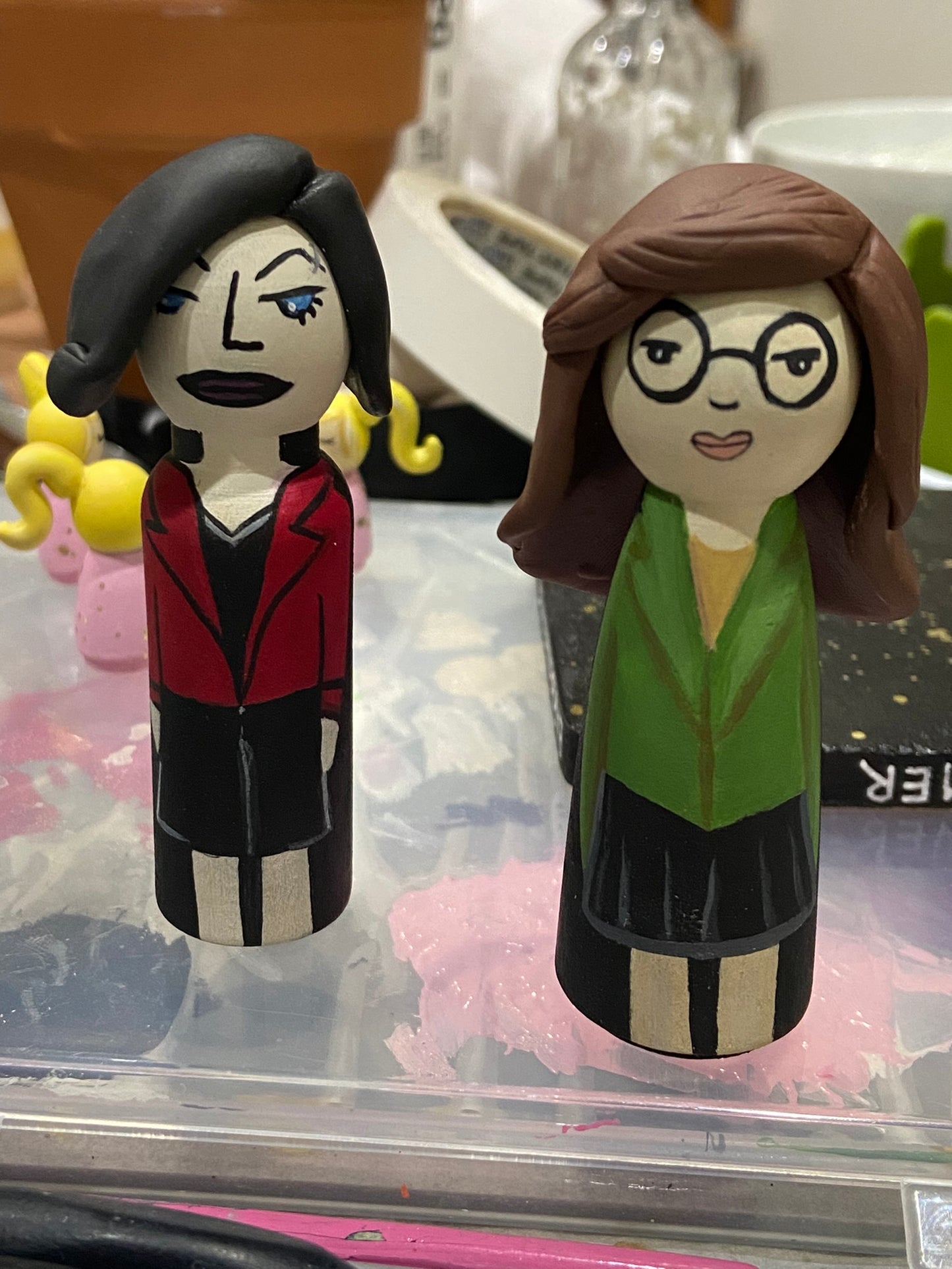 Daria + Jane Peg Doll Set | Hand-Painted 90s Cartoon Art Collectible | One-of-a-Kind Pop Culture Decor