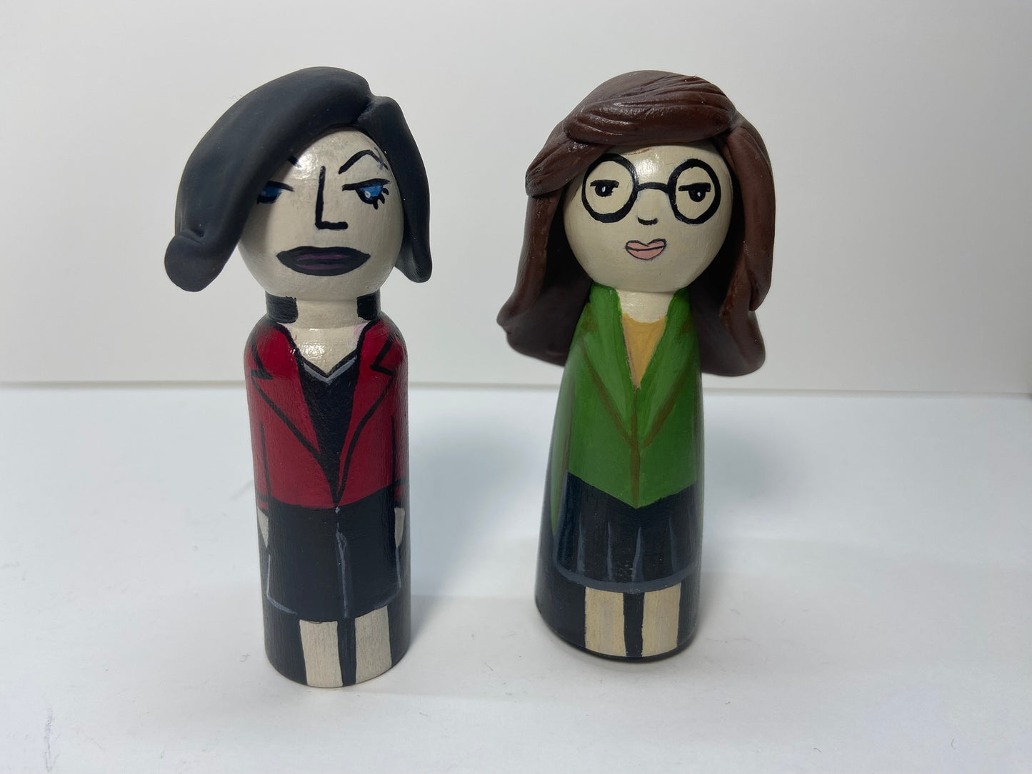 Daria + Jane Peg Doll Set | Hand-Painted 90s Cartoon Art Collectible | One-of-a-Kind Pop Culture Decor